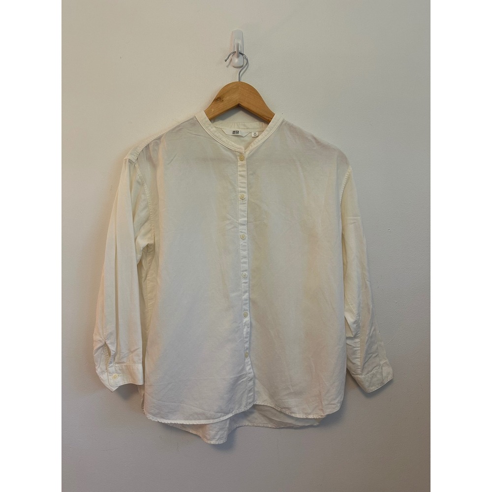 Uniqlo Off White Linen Blend Band Collar Button Up Shirt | Size XS